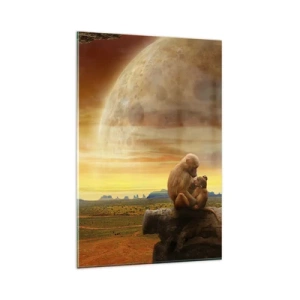 Obraz na szkle - Małpy siedzące na skale w surrealistycznym krajobrazie z wielką planetą - 80x120cm - Miłość wszędzie ta sama - Nowoczesna dekoracja ścienna do salonu i sypialni ARTTOR