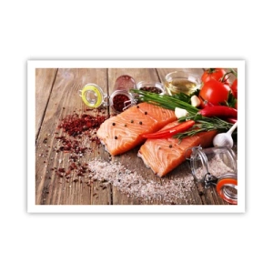 Plakat - Filety łososia z przyprawami na drewnianym tle - 100x70cm - Norweska przygoda w kuchni - Nowoczesna dekoracja ścienna do salonu i sypialni ARTTOR