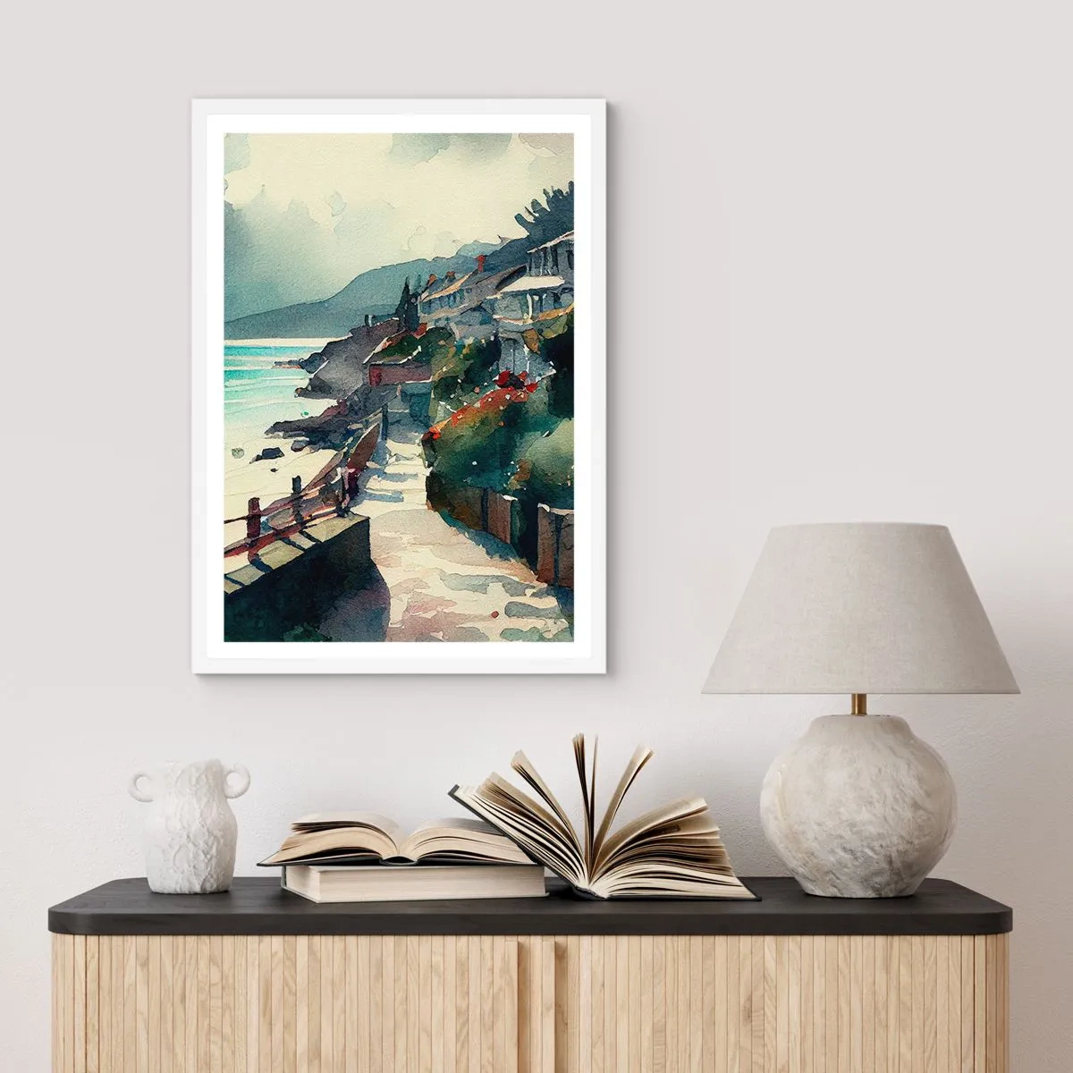 Plakat w białej ramie - Śródziemnomorskie miasteczko - 61x91 cm