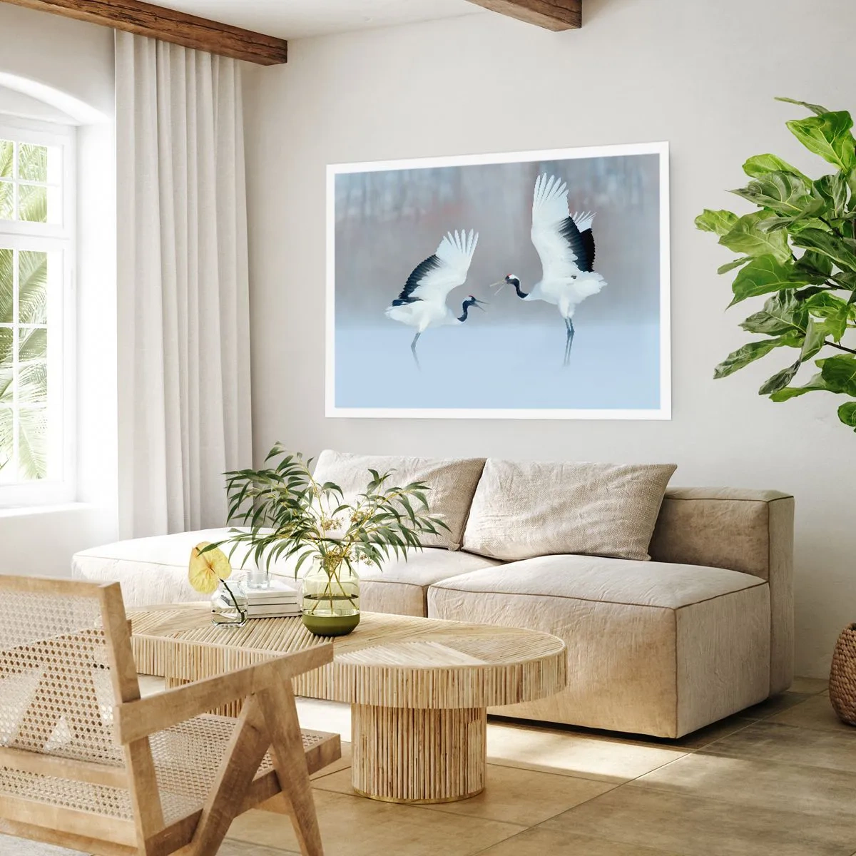 Plakat - Dwa żurawie tańczące w mglistej scenerii - 100x70cm - Taniec we mgle - Nowoczesna dekoracja ścienna do salonu i sypialni ARTTOR