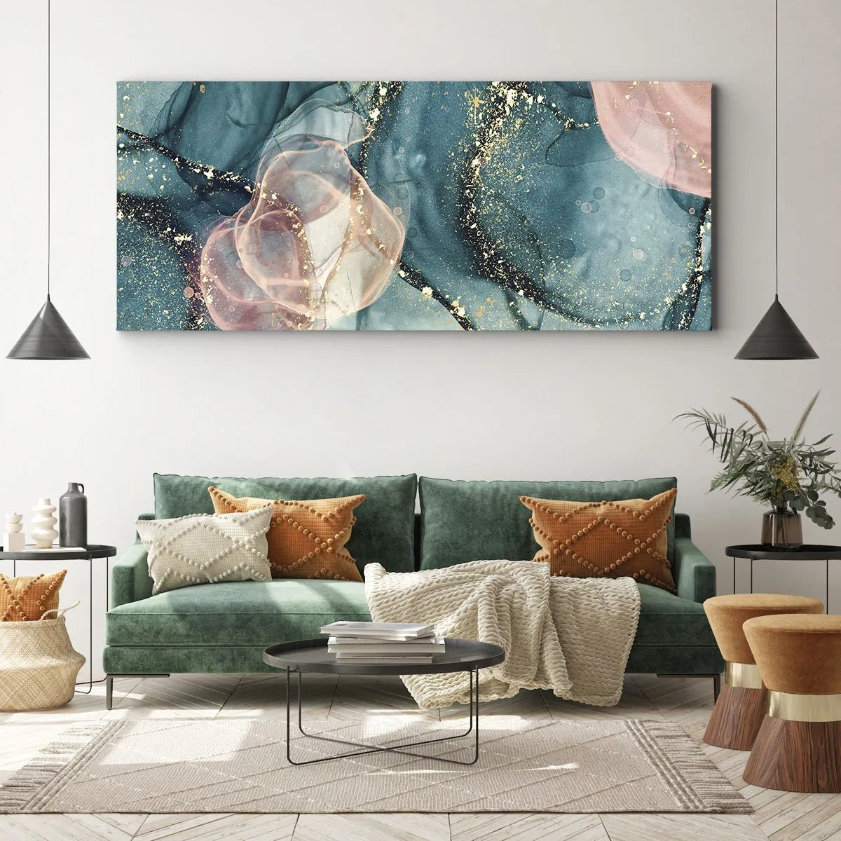 Obraz na płótnie - Jedwabny błękit, tiulowy róż - 100x40 cm