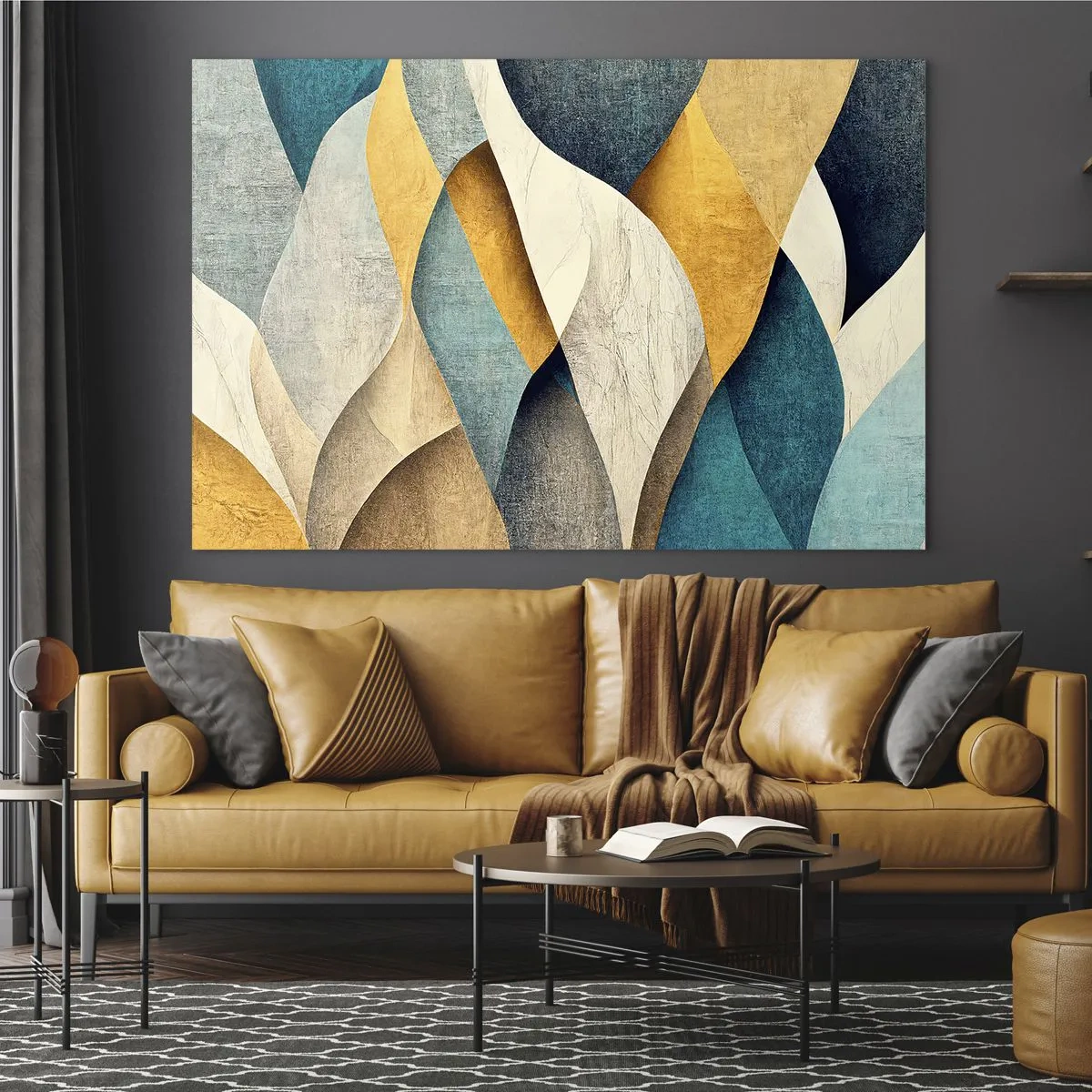 Obraz na szkle - Abstrakcyjne kształty w odcieniach żółci i błękitu - 100x70cm - Rytm i falowanie - Nowoczesna dekoracja ścienna do salonu, kuchni i sypialni ARTTOR