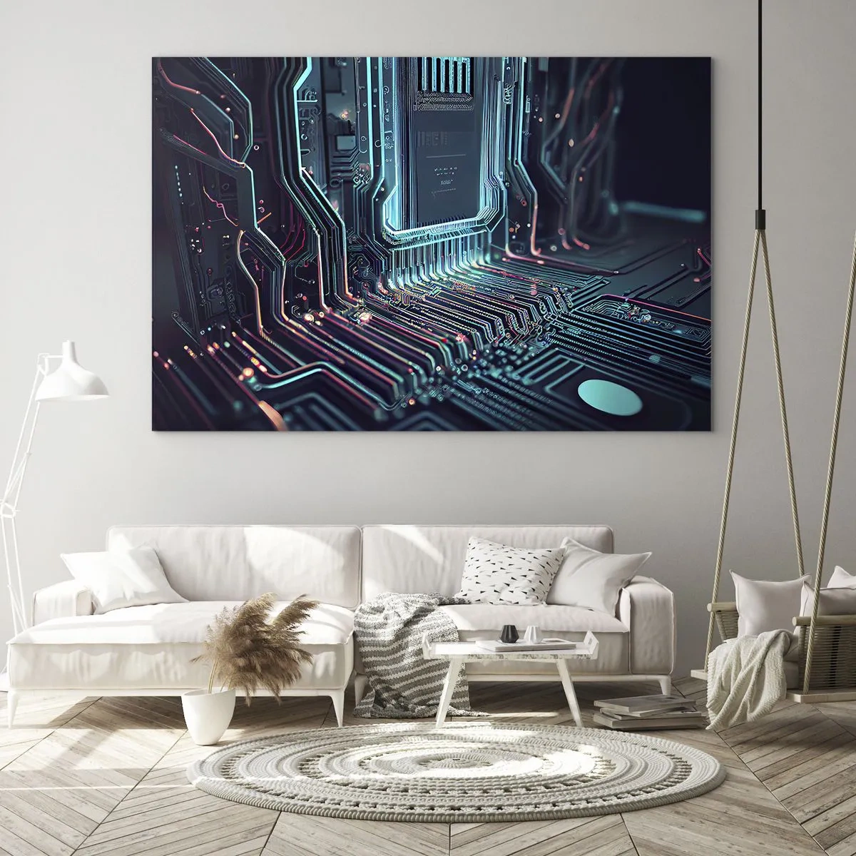 Obraz na szkle - Neonowa wizualizacja ścieżek procesora na czarnym tle - 70x50cm - Tak sobie myślę… - Nowoczesna dekoracja ścienna do salonu i sypialni ARTTOR