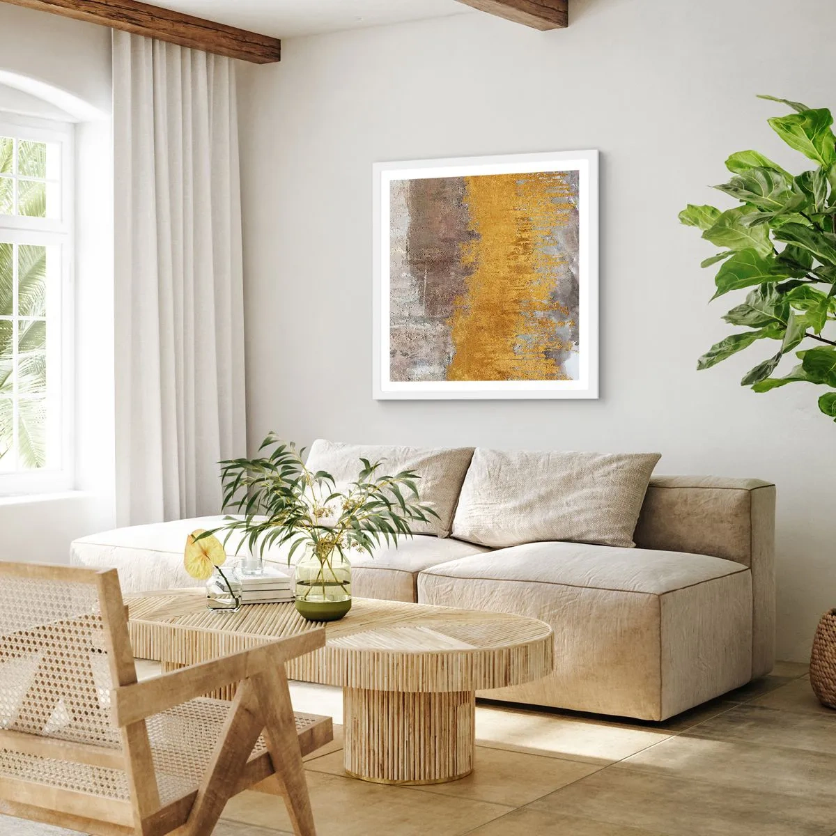Plakat w białej ramie - Złocisty podmuch - 50x50 cm