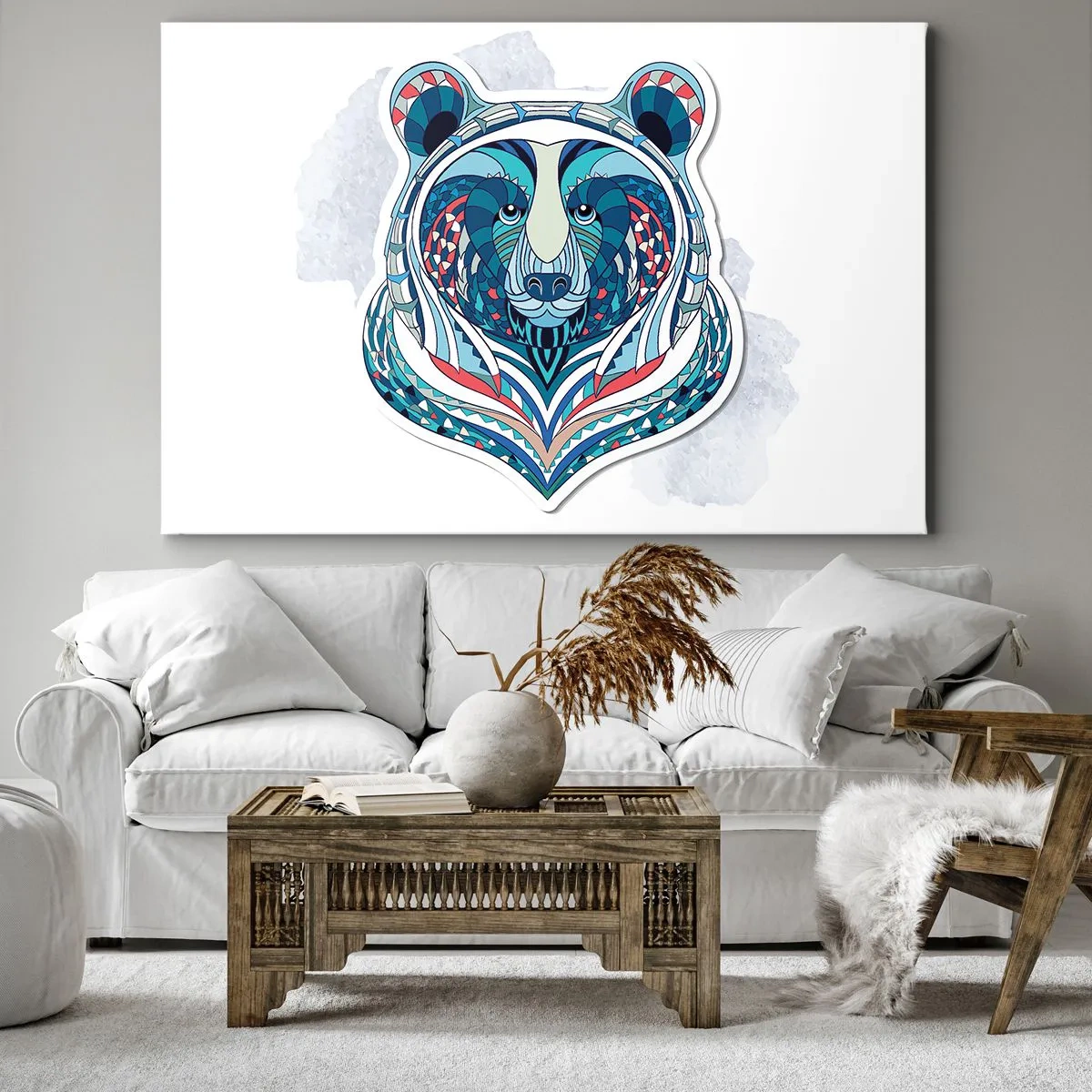 Obraz na płótnie - Geometryczny niedźwiedź w odcieniach niebieskiego i czerwonego - 120x80cm - Eviva Grenlandia! - Nowoczesna dekoracja ścienna do salonu, kuchni i sypialni ARTTOR