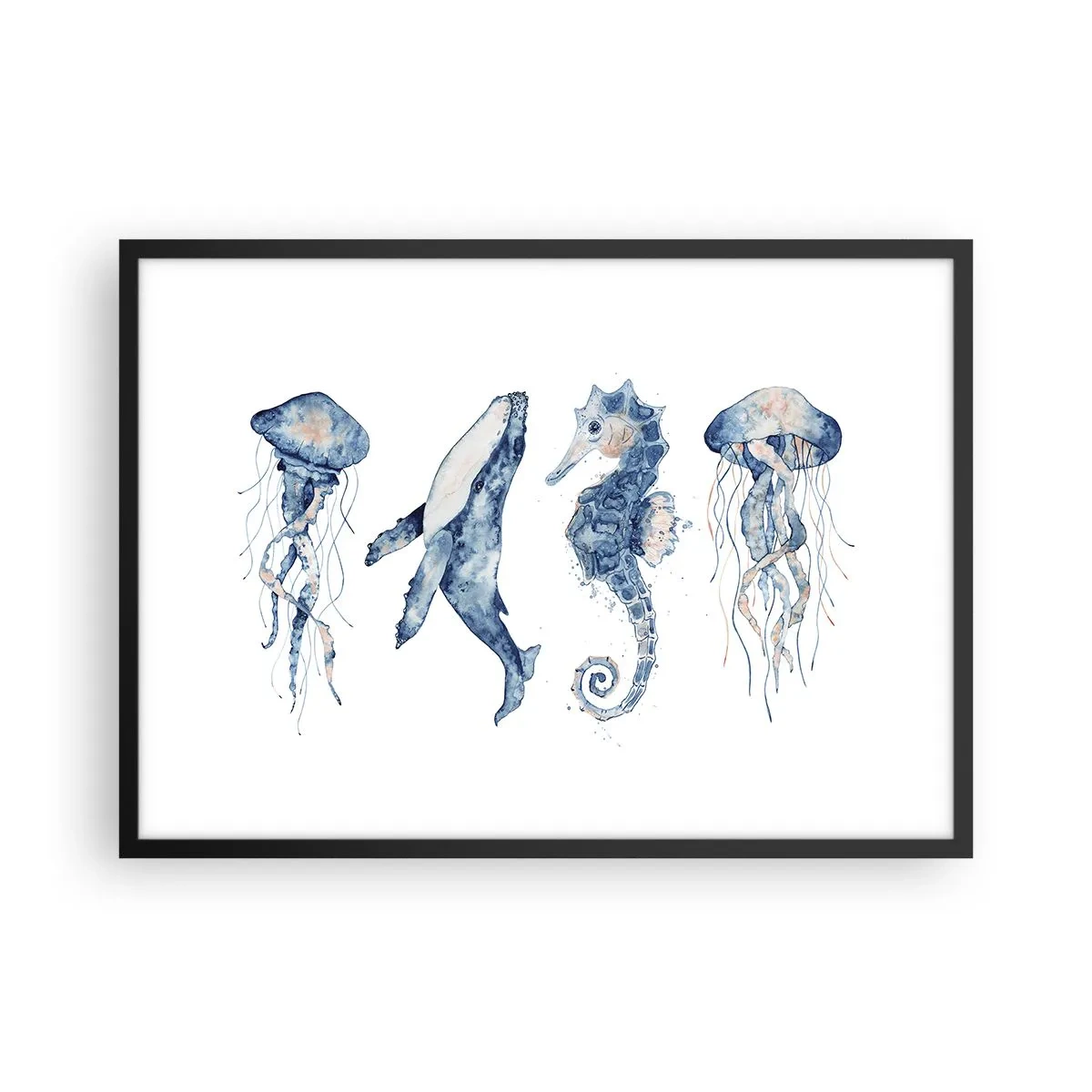 Plakat w czarnej ramie - Meduzy, wieloryb i konik morski w akwarelowym stylu - 70x50cm - Morskie dziwy - Nowoczesna dekoracja ścienna do salonu i sypialni ARTTOR