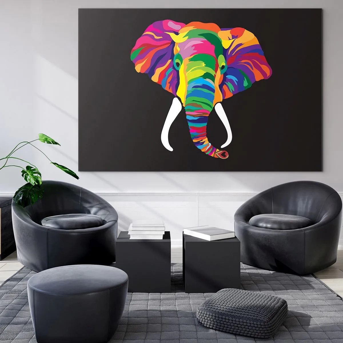 Obraz na szkle - Kolorowy słonik na czarnym tle w artystycznym stylu - 70x50cm - Słoń, który kochał kąpać się w tęczy - Nowoczesna dekoracja ścienna do salonu i sypialni ARTTOR