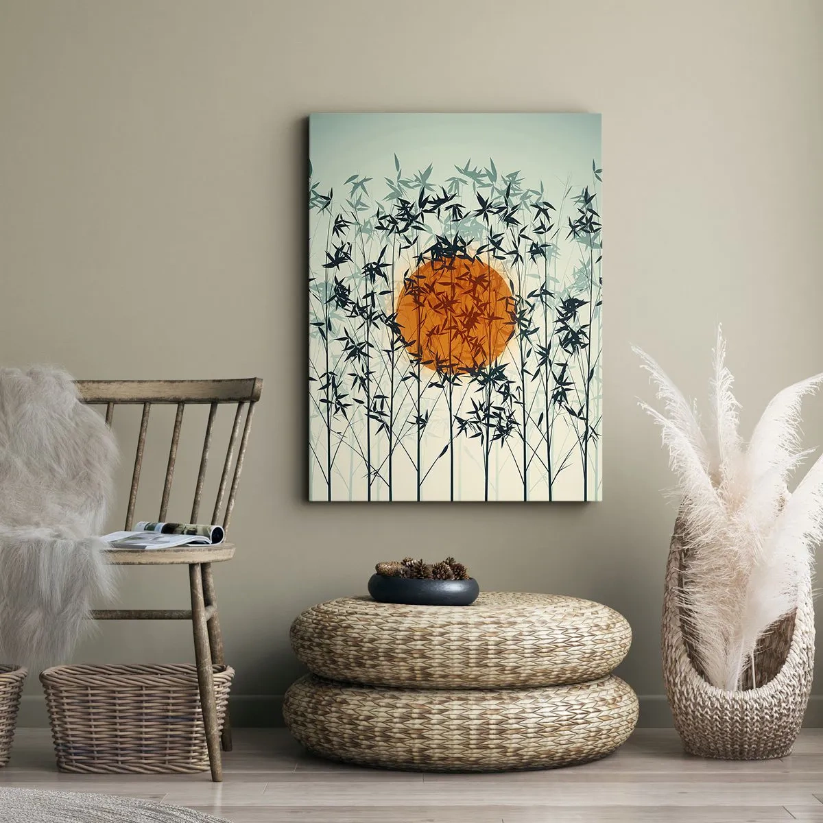 Obraz na płótnie - Pomarańczowe słońce wśród bambusowych gałęzi - 70x100cm - Japońskie słońce - Nowoczesna dekoracja ścienna do salonu i sypialni ARTTOR