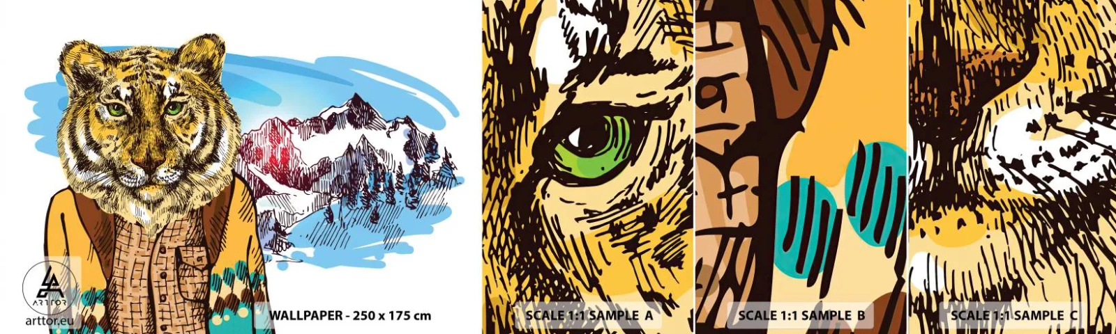 Fototapeta Próbka Samoprzylepna Deluxe Sticker - Nie taki dziki jak go rysują - Abstrakcja, Tygrys, Góry - 100x30 cm