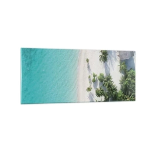 Obraz na szkle - Tropikalna plaża z turkusową wodą i palmami z lotu ptaka - 120x50cm - Wakacje w raju - Nowoczesna dekoracja ścienna do salonu i sypialni ARTTOR