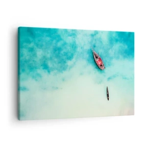 Obraz na płótnie - Łodzie na turkusowej wodzie widziane z lotu ptaka - 70x50cm - Bo na plażach Zanzibaru, kiedy nadmiar wód… - Nowoczesna dekoracja ścienna do salonu i sypialni ARTTOR