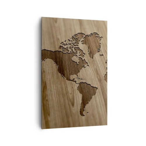 Obraz na płótnie - Mapa świata wycięta na drewnianej powierzchni - 80x120cm - Świat podany na stole - Nowoczesna dekoracja ścienna do salonu i sypialni ARTTOR