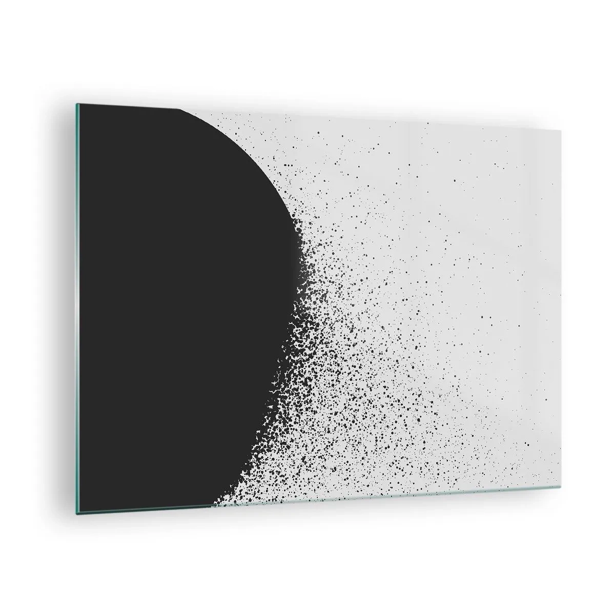 Obraz na szkle - Abstrakcja czarnej masy rozpadającej się na białym tle - 70x50cm - Ruch cząsteczek - Nowoczesna dekoracja ścienna do salonu i sypialni ARTTOR