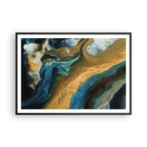Plakat w czarnej ramie - Abstrakcyjne fale w odcieniach złota i niebieskiego - 100x70cm - Niebieski – zółty – wzajemne wpływy - Nowoczesna dekoracja ścienna do salonu i sypialni ARTTOR