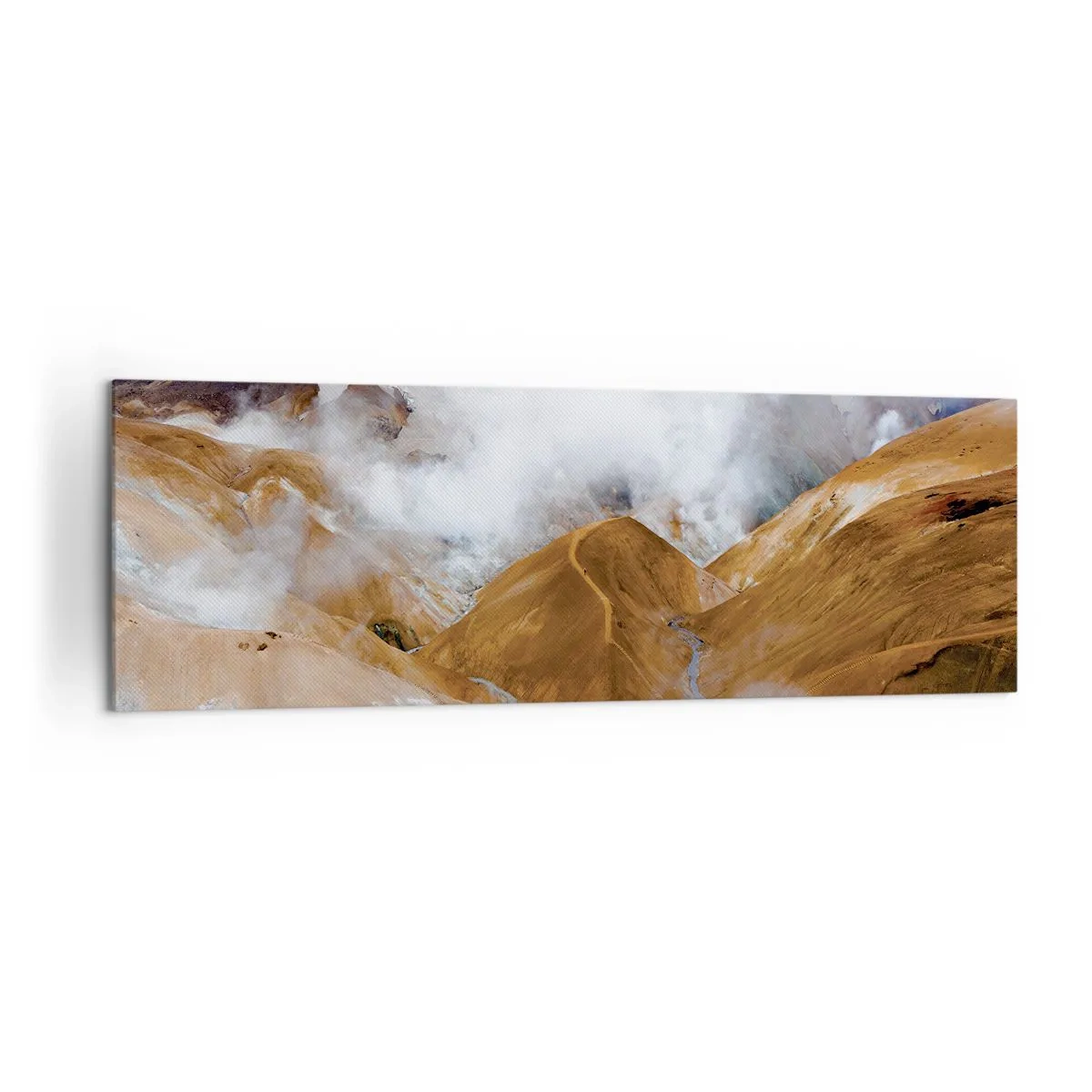 Obraz na płótnie - Górski krajobraz z parą wodną w surowym klimacie - 160x50cm - Surowa uroda Islandii - Nowoczesna dekoracja ścienna do salonu i sypialni ARTTOR