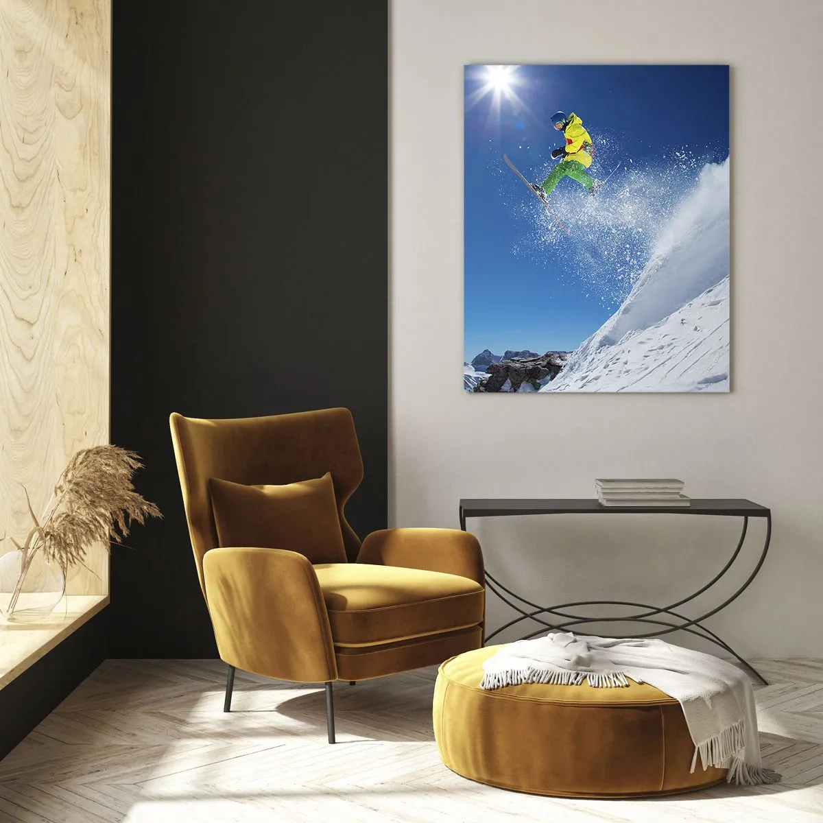 Obraz na szkle - Narciarz w akcji na tle ośnieżonych gór - 50x70cm - Tańczący z górami - Nowoczesna dekoracja ścienna do salonu, kuchni i sypialni ARTTOR