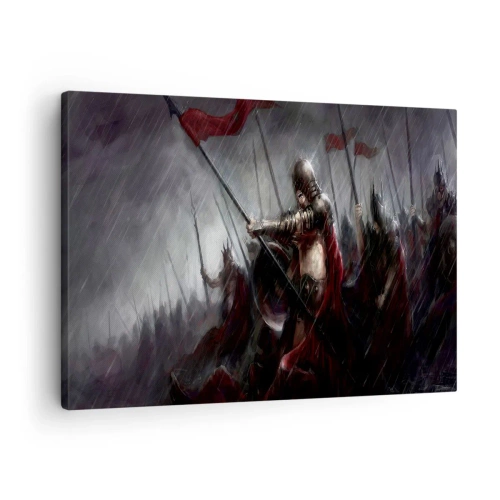 Obraz na płótnie - Rycerze w deszczu maszerujący na pole bitwy - 70x50cm - Przechodniu, powiedz Sparcie… - Nowoczesna dekoracja ścienna do salonu i sypialni ARTTOR