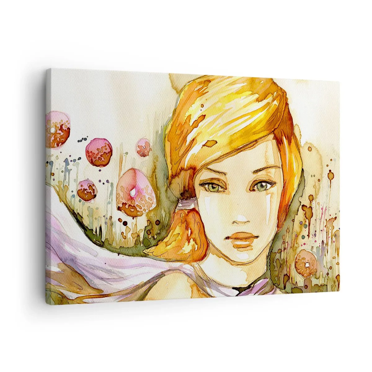 Obraz na płótnie - Portret kobiety w akwarelowych kolorach z intensywnym spojrzeniem - 70x50cm - Szmaragdowe spojrzenie, co ucisza gniew - Nowoczesna dekoracja ścienna do salonu i sypialni ARTTOR