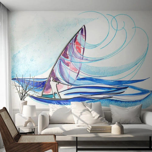 Fototapeta Standard Eco - Akwarelowy windsurfer na morskich falach - 100x70cm - Z wiatrem w rytmie fal - Nowoczesna dekoracja ścienna do salonu i sypialni ARTTOR