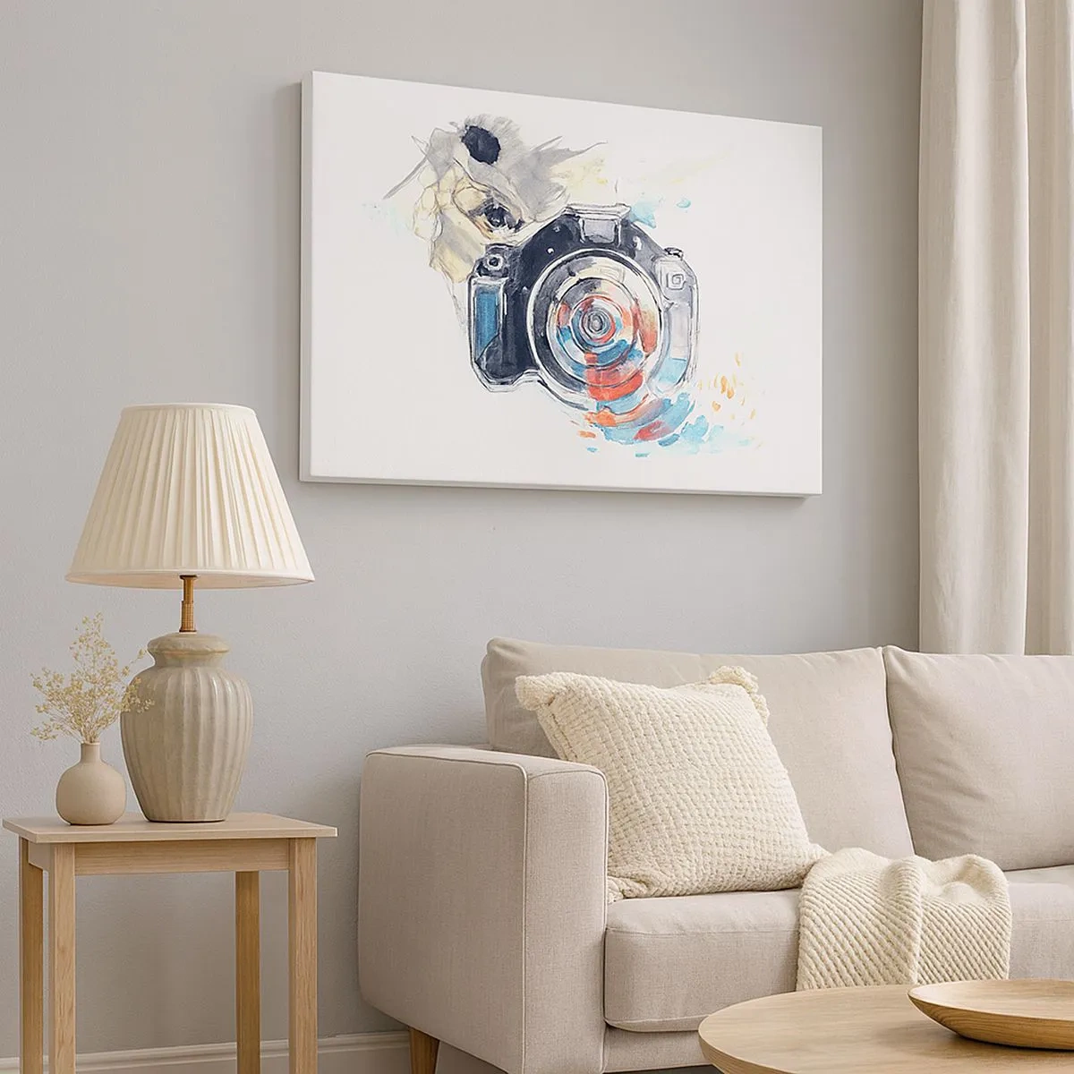 Obraz na płótnie - Akwarela aparatu fotograficznego z kolorowymi detalami - 70x50cm - W oku obiektywu - Nowoczesna dekoracja ścienna do salonu i sypialni ARTTOR