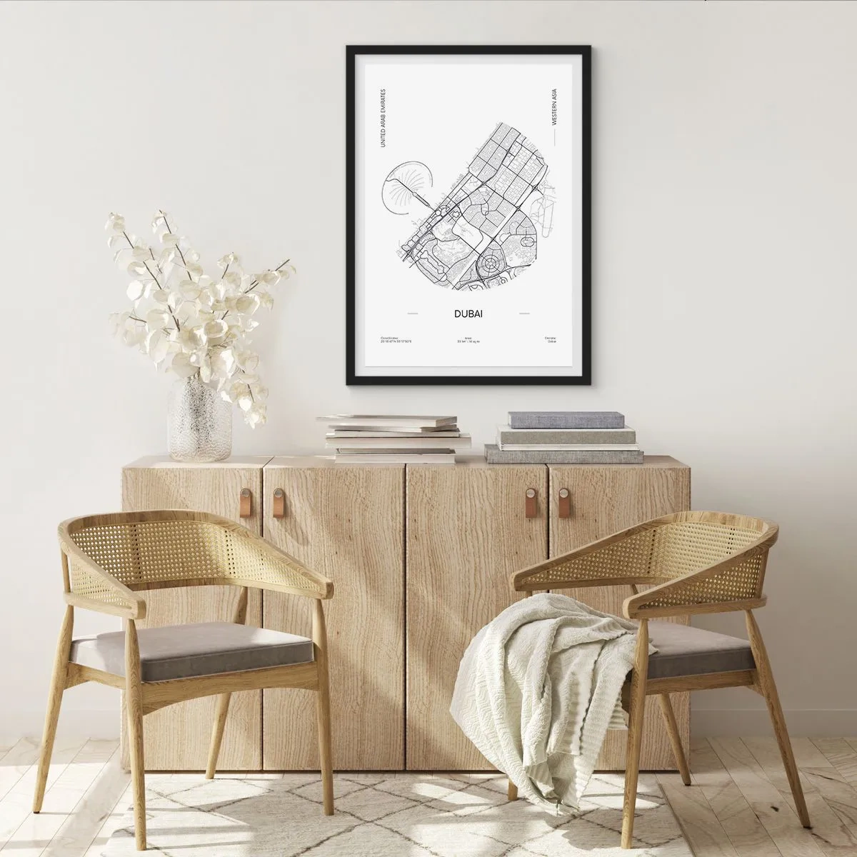 Plakat w czarnej ramie - Minimalistyczna mapa Dubaju w czarno-białym stylu - 50x70cm - Anatomia Dubaju - Nowoczesna dekoracja ścienna do salonu i sypialni ARTTOR