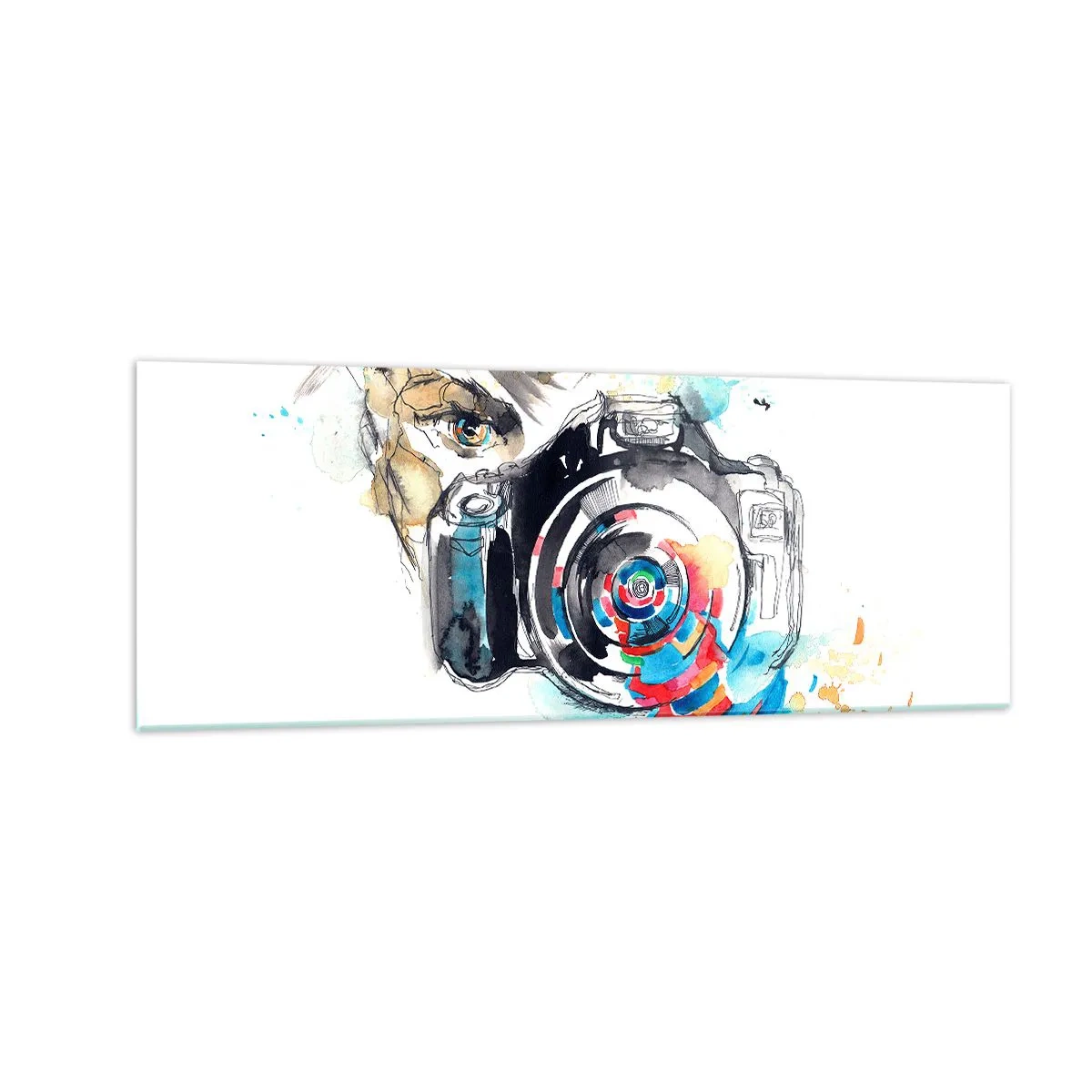 Obraz na szkle - Akwarela aparatu fotograficznego z kolorowymi detalami - 140x50cm - W oku obiektywu - Nowoczesna dekoracja ścienna do salonu i sypialni ARTTOR