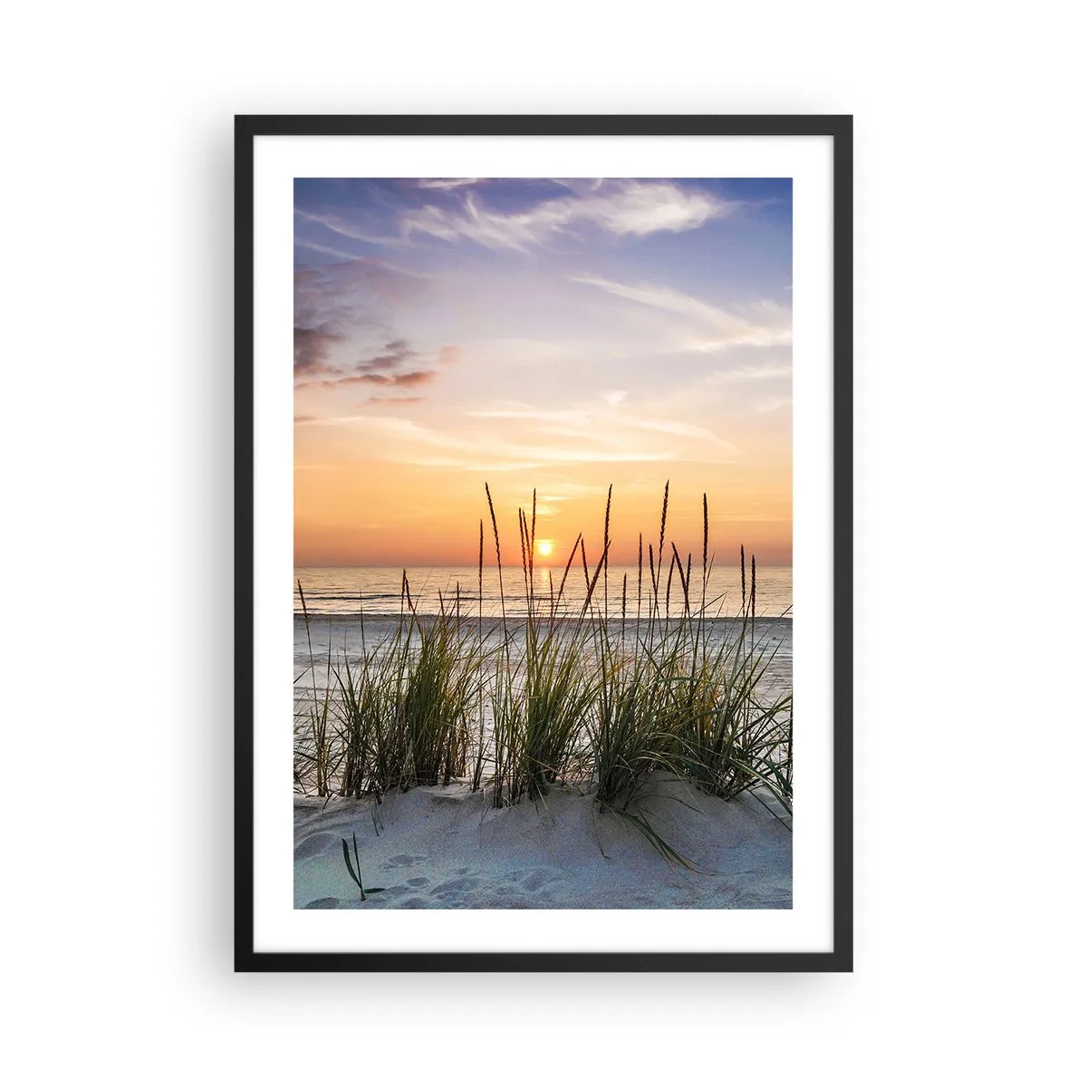 Plakat w czarnej ramie - Plaża z roślinnością o wschodzie słońca - 50x70cm - Popatrz, pomyśl, poczuj - Nowoczesna dekoracja ścienna do salonu i sypialni ARTTOR