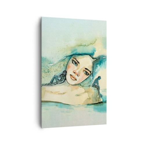 Obraz na płótnie - Akwarela twarzy kobiety z refleksyjnym motywem - 80x120cm - Am I blue? - Nowoczesna dekoracja ścienna do salonu i sypialni ARTTOR