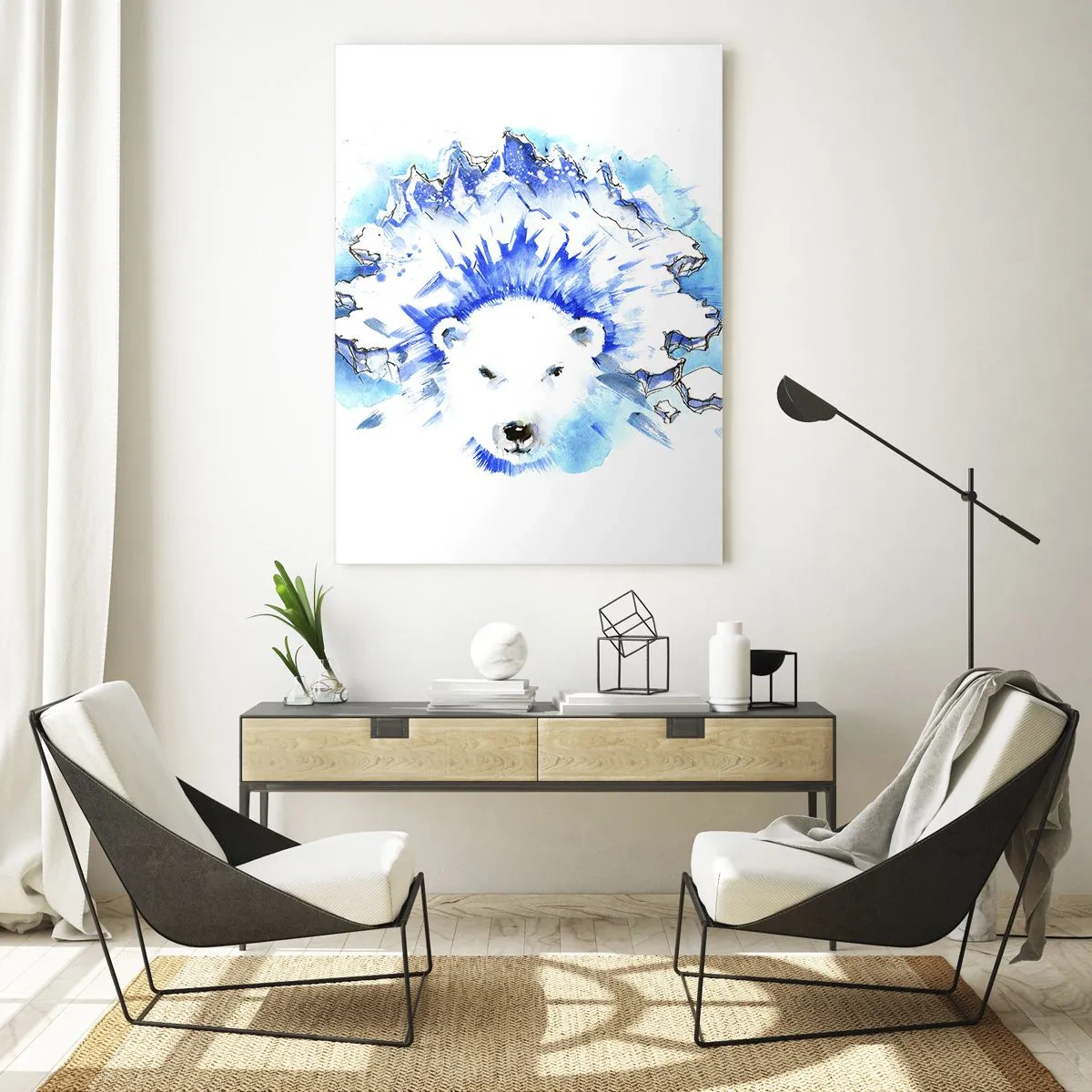 Obraz na szkle - Artystyczna akwarela niedźwiedzia polarnego z lodowym motywem - 70x100cm - Król Arktyki w lodowej koronie - Nowoczesna dekoracja ścienna do salonu i sypialni ARTTOR
