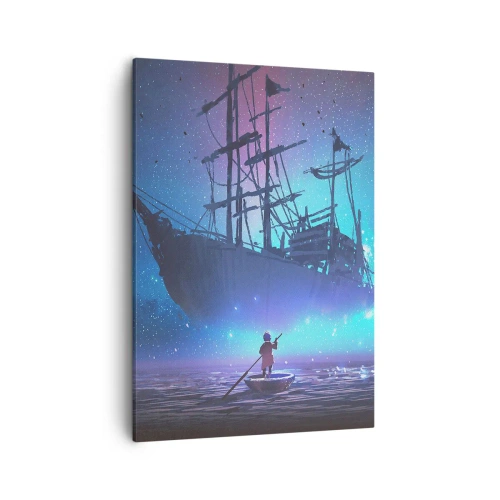 Obraz na płótnie - Tajemniczy statek unoszący się nad wodą w magicznej poświacie - 50x70cm - Spotkanie z mitem morza - Nowoczesna dekoracja ścienna do salonu, kuchni i sypialni ARTTOR