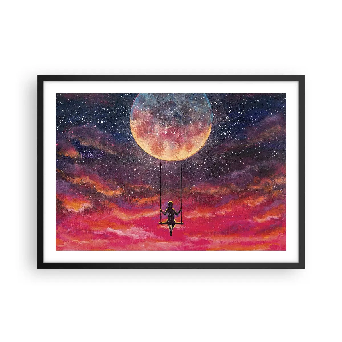 Plakat w czarnej ramie - Postać na huśtawce zawieszonej na tle księżyca - 70x50cm - Bujać w obłokach - Nowoczesna dekoracja ścienna do salonu i sypialni ARTTOR