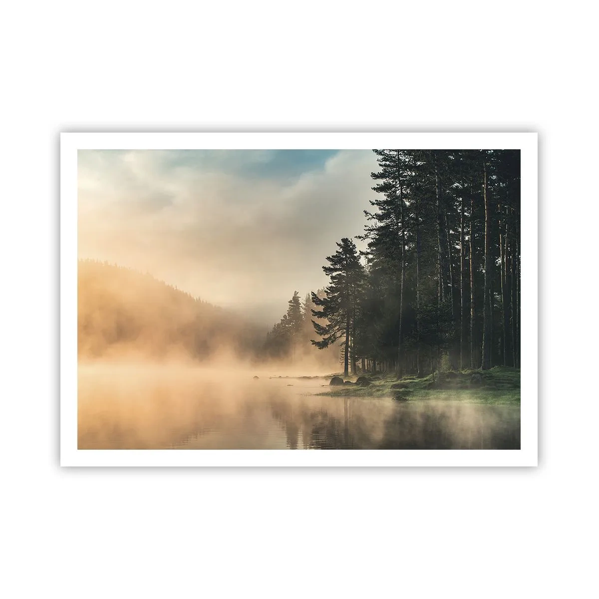 Plakat - Mglisty las nad spokojnym jeziorem - 100x70cm - Narodziny dnia - Nowoczesna dekoracja ścienna do salonu i sypialni ARTTOR