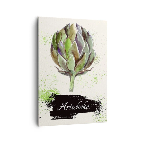 Obraz na płótnie - Akwarelowa ilustracja karczocha z napisem Artichoke - 50x70cm - Eviva warzywa! - Nowoczesna dekoracja ścienna do salonu, kuchni i sypialni ARTTOR