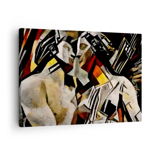 Obraz na płótnie - Abstrakcyjna kompozycja z sylwetkami w dynamicznej formie - 70x50cm - Posągowy pocałunek - Nowoczesna dekoracja ścienna do salonu i sypialni ARTTOR
