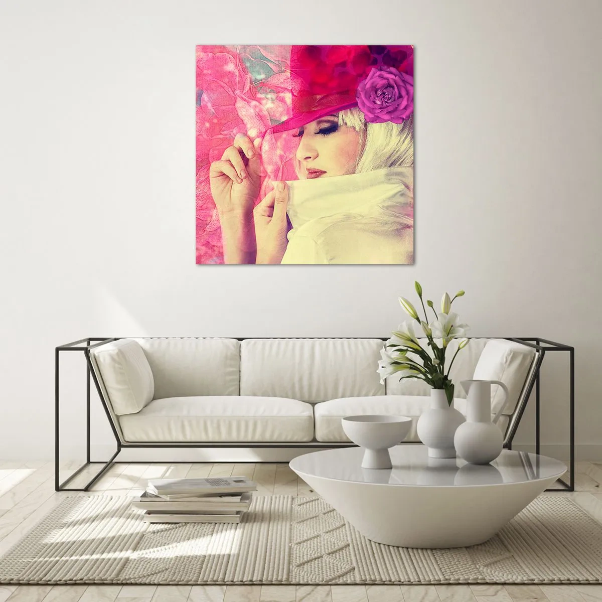 Obraz na szkle - Portret retro w oparach różu - 70x70 cm