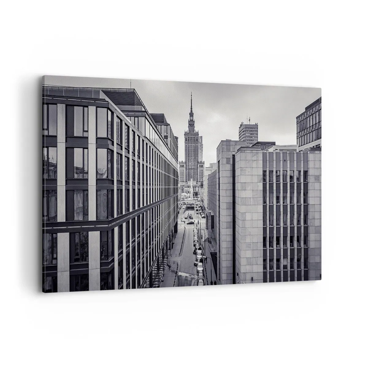 Obraz na płótnie - Panorama Warszawy z widokiem na Pałac Kultury i otaczające budynki - 100x70cm - Warszawska dolina - Nowoczesna dekoracja ścienna do salonu, kuchni i sypialni ARTTOR