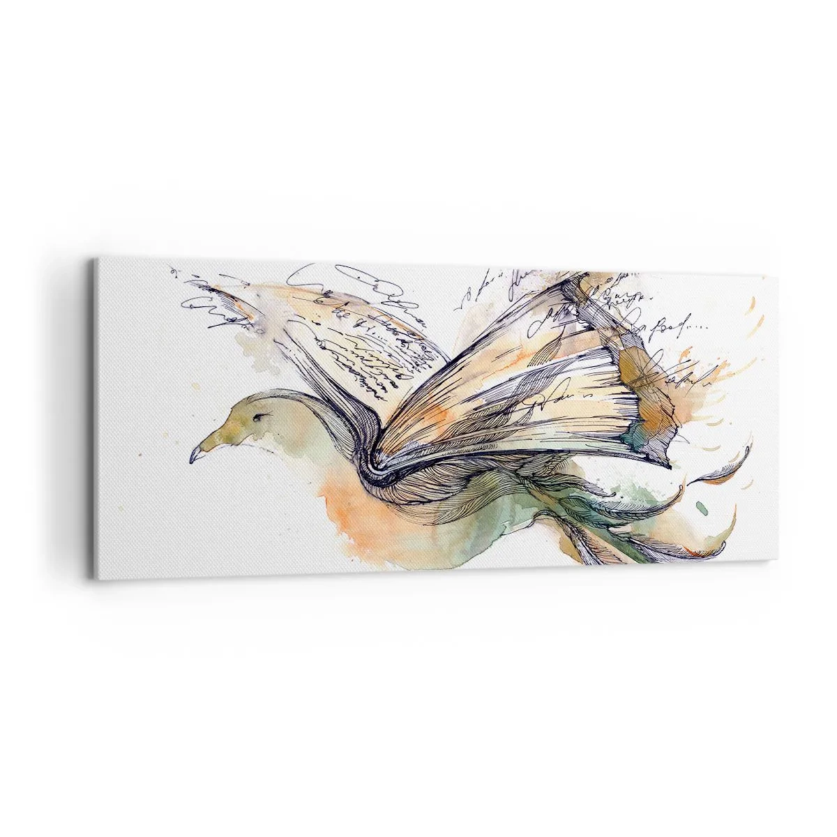 Obraz na płótnie - Artystyczna akwarela ptaka z książką jako skrzydłami - 120x50cm - Na skrzydłach poezji - Nowoczesna dekoracja ścienna do salonu i sypialni ARTTOR