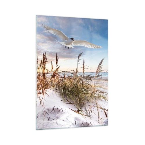Obraz na szkle - Ptak lecący nad wydmami o zachodzie słońca - 50x70cm - Wiatr od morza - Nowoczesna dekoracja ścienna do salonu, kuchni i sypialni ARTTOR