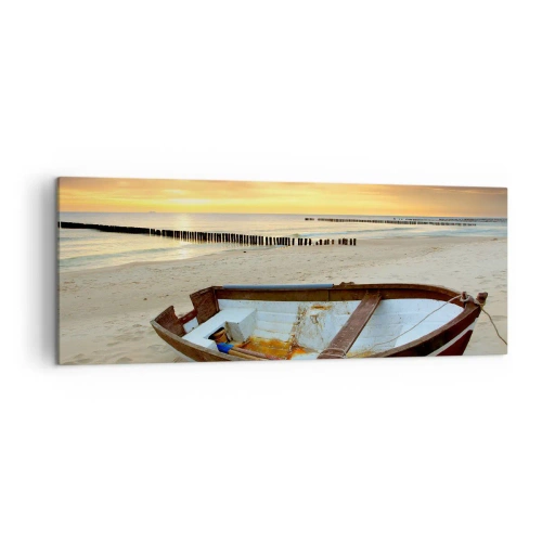 Obraz na płótnie - Łódka na piaszczystej plaży o zachodzie słońca - 140x50cm - Nie ma piękniejszych plaż - Nowoczesna dekoracja ścienna do salonu i sypialni ARTTOR