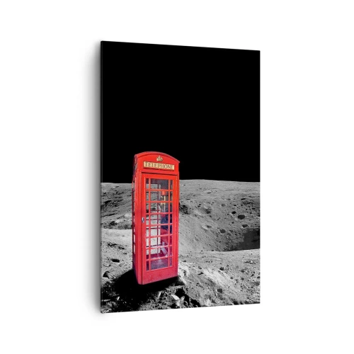 Obraz na płótnie - Czerwona budka telefoniczna na Księżycu - 80x120cm - Kosmiczny żart - Nowoczesna dekoracja ścienna do salonu i sypialni ARTTOR