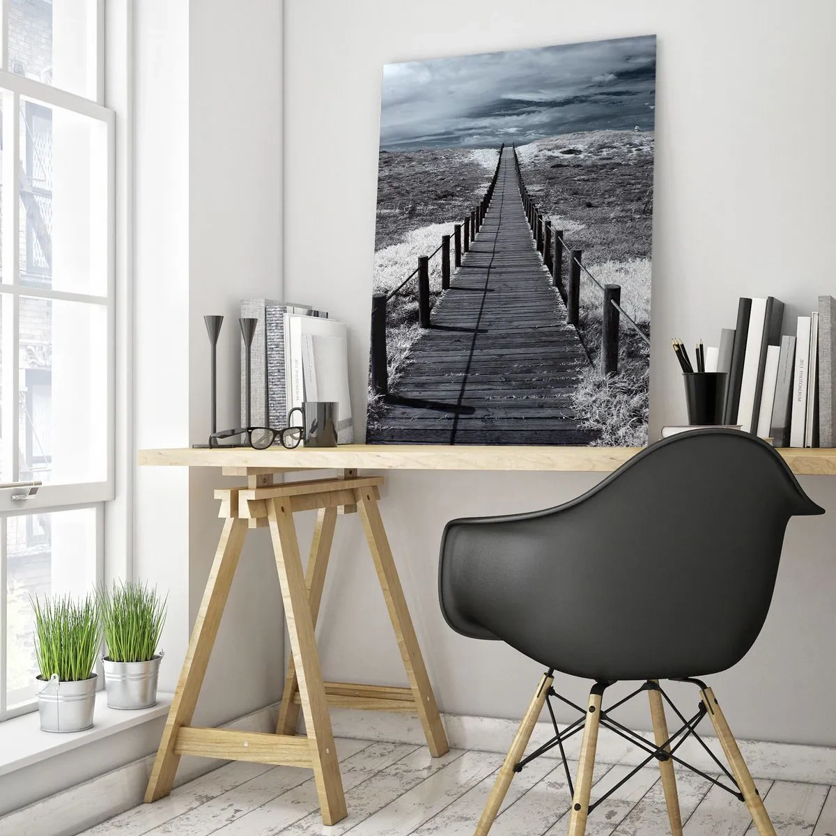 Obraz na szkle - Drewniany pomost prowadzący przez wydmy w monochromatycznej tonacji - 80x120cm - Na sam brzeg - Nowoczesna dekoracja ścienna do salonu i sypialni ARTTOR