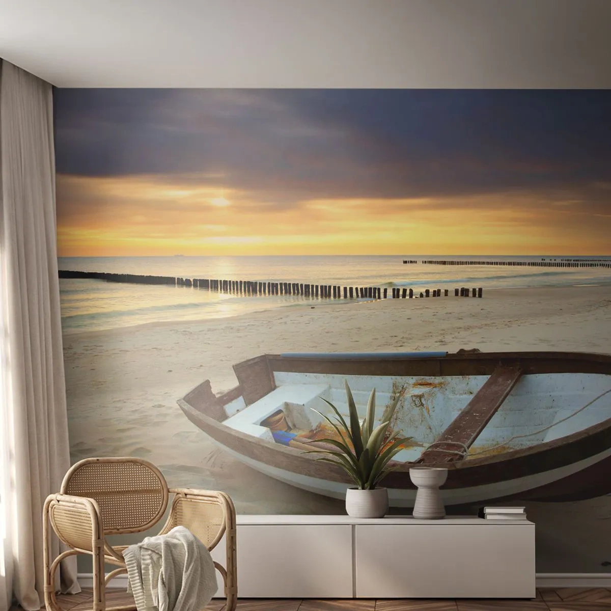 Fototapeta Premium Sand - Stara łódź na piaszczystej plaży o zachodzie słońca - 100x70cm - Nie ma piękniejszych plaż - Nowoczesna dekoracja ścienna do salonu, kuchni i sypialni ARTTOR