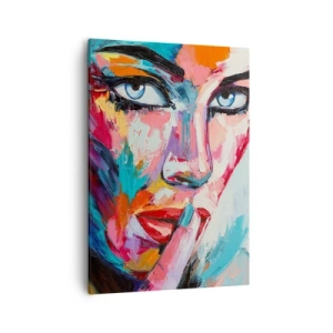 Obraz na płótnie - Kolorowy portret kobiety z intensywnymi detalami - 50x70cm - Nasza pierwsza tajemnica - Nowoczesna dekoracja ścienna do salonu, kuchni i sypialni ARTTOR
