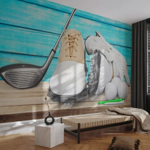Fototapeta Premium Canvas - Zestaw akcesoriów golfowych na drewnianym tle - 100x70cm - Wszystko gotowe - Nowoczesna dekoracja ścienna do salonu i sypialni ARTTOR