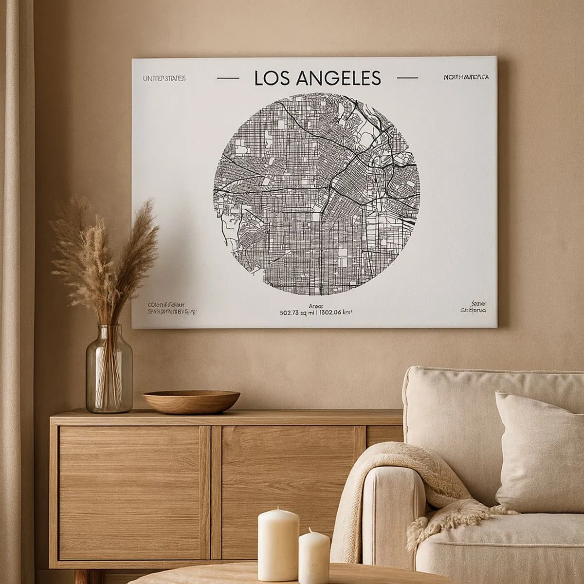 Obraz na płótnie - Mapa Los Angeles w minimalistycznym, czarno-białym stylu - 70x50cm - Anatomia Los Angeles - Nowoczesna dekoracja ścienna do salonu i sypialni ARTTOR