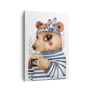 Obraz na płótnie - Ilustracja misia w paskowanym swetrze, z kubkiem w dłoni i piórkami na opasce - 50x70cm - Słodka Misia - Nowoczesna dekoracja ścienna do salonu, kuchni i sypialni ARTTOR