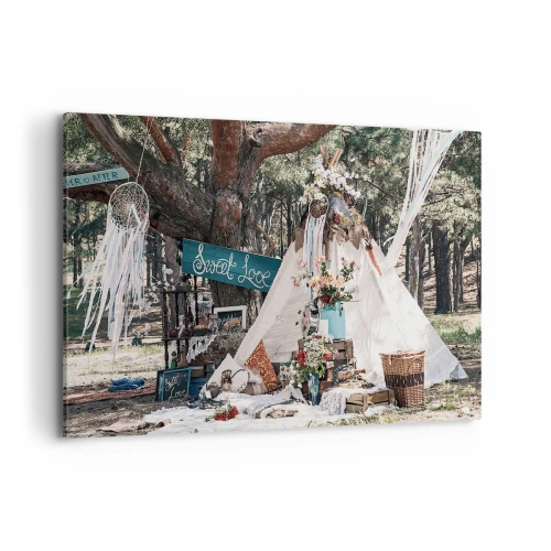 Obraz na płótnie - Dekoracja boho z tipi w lesie - 120x80cm - Make love… - Nowoczesna dekoracja ścienna do salonu, kuchni i sypialni ARTTOR