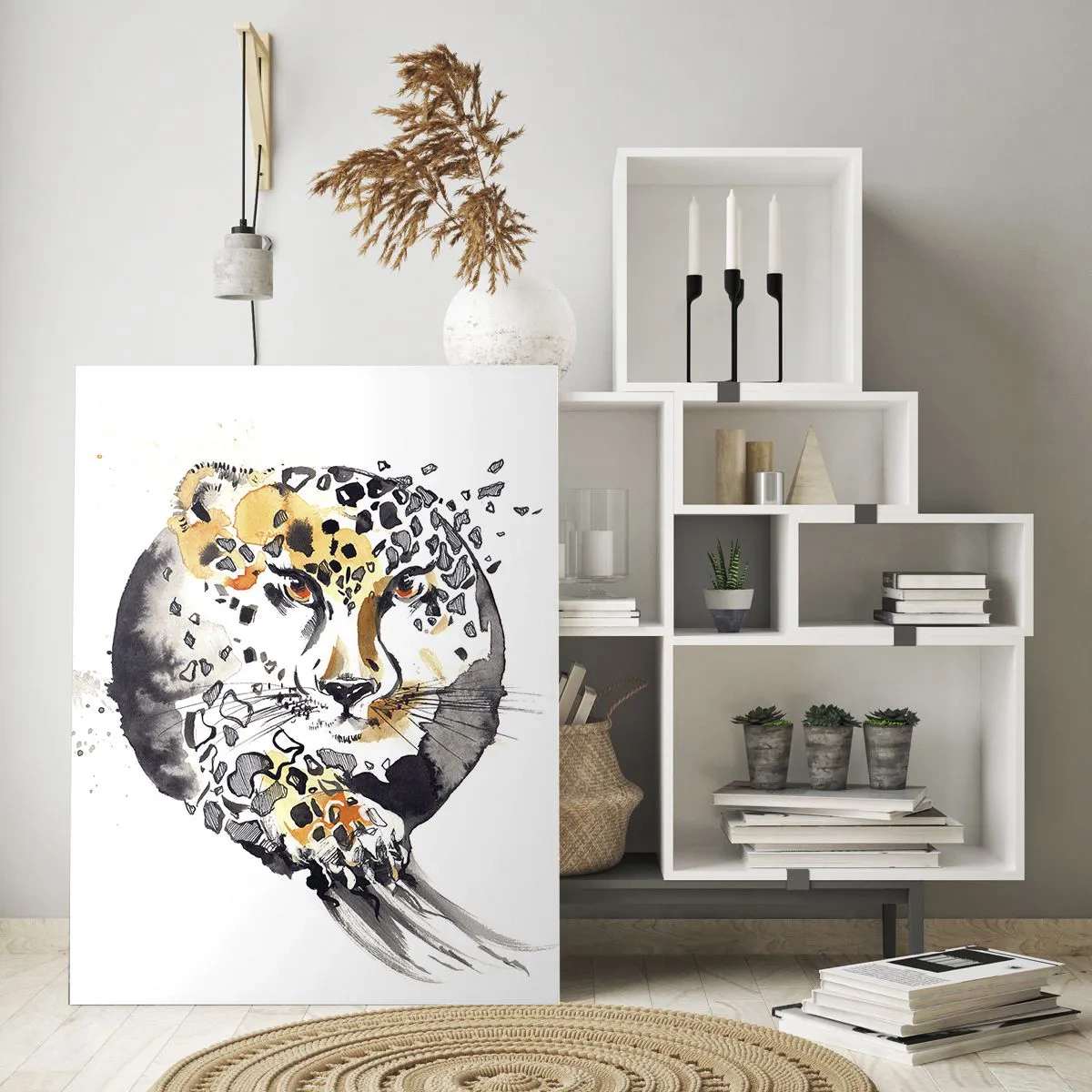 Obraz na szkle - Leopard w dynamicznej, abstrakcyjnej kompozycji - 50x70cm - Drapieżna uroda - Nowoczesna dekoracja ścienna do salonu, kuchni i sypialni ARTTOR