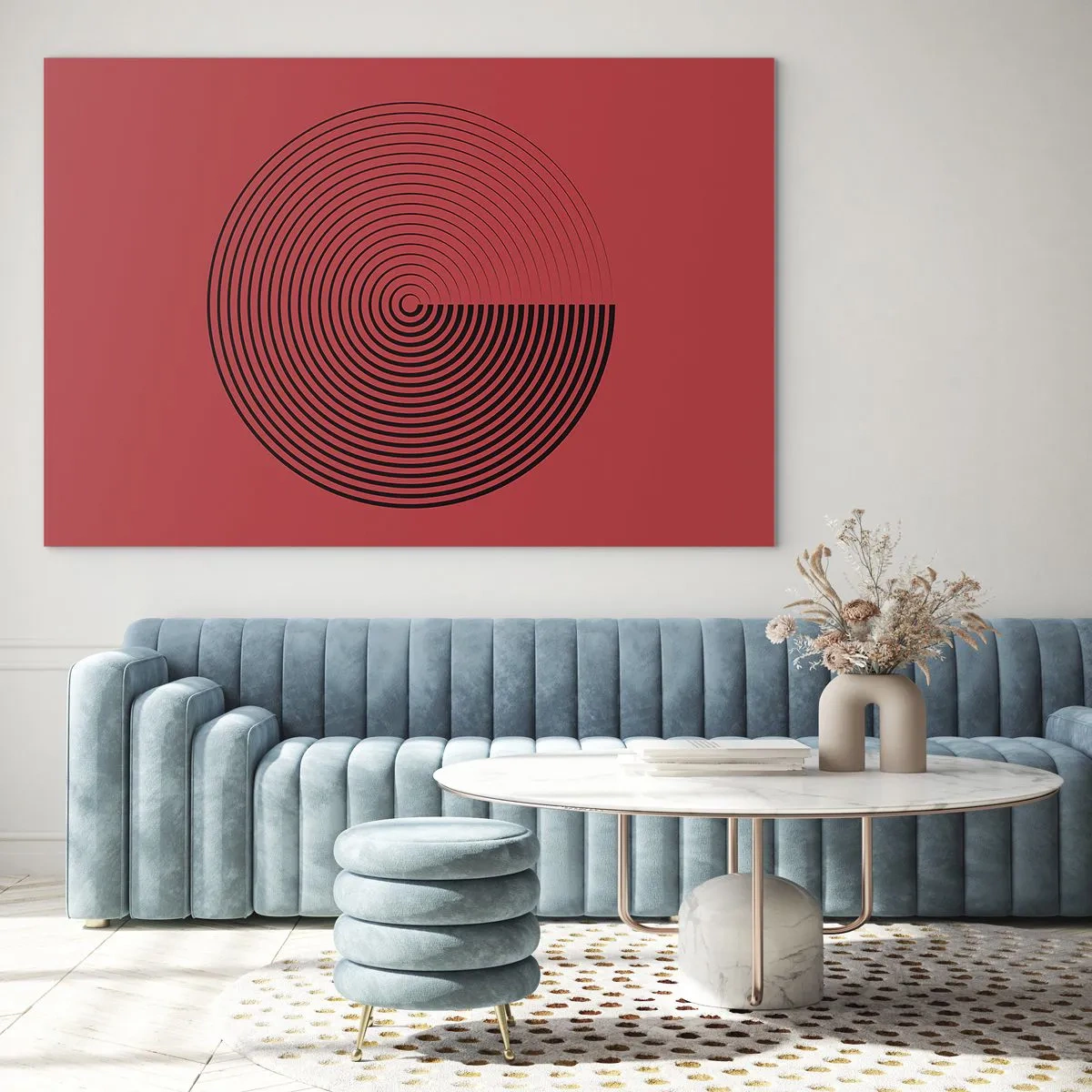 Obraz na szkle - Czarne koncentryczne okręgi na czerwonym tle - 70x50cm - Ruch kolisty - Nowoczesna dekoracja ścienna do salonu i sypialni ARTTOR