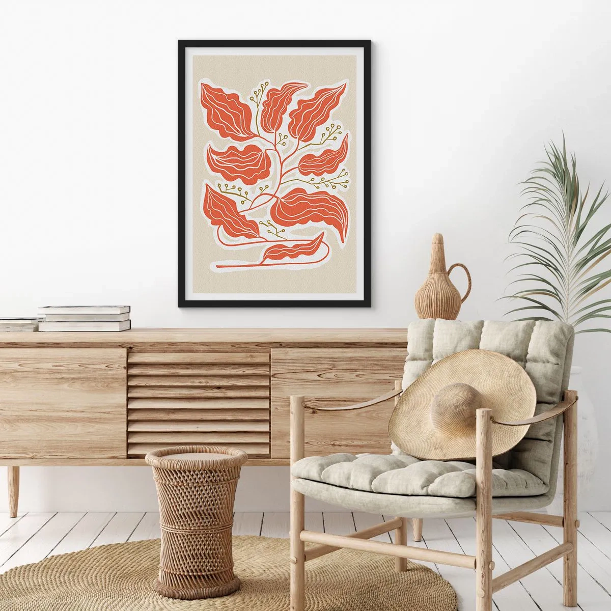 Plakat w czarnej ramie - Abstrakcyjna kompozycja liści w odcieniach pomarańczu i beżu - 50x70cm - Ludowo i koralowo - Nowoczesna dekoracja ścienna do salonu i sypialni ARTTOR